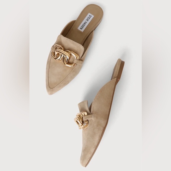 Steve Madden Shoes - Steve Madden Faine Tan Suede Pointed Toe Slip-On Chain Detail Flats. Size: 8